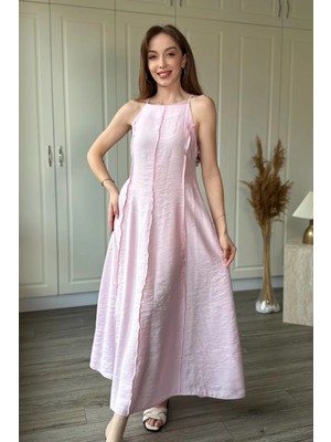 Dilay Gökoğlu Butik Askılı Keten Şeritli Midi Pembe Elbise