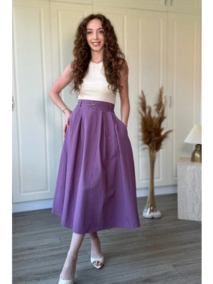 Dilay Gökoğlu Butik Kemerli Poplin Etek Mor Elbise