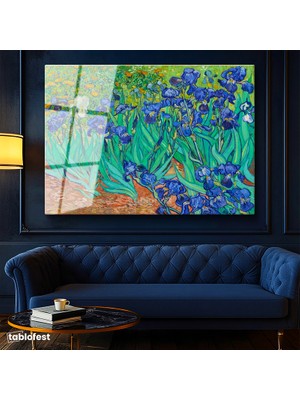 Tablofest Tamperli Cam Tablo Vincent van Gogh İris Çiçekleri Bahçe Mavi Ressam Tablosu Duvar Dekoru