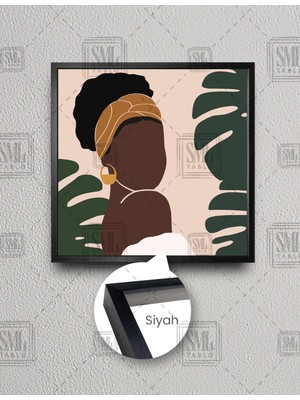 SML Tablo Sarı Aksesuarlı African Kadın ve Yeşil Tropik Bitkiler Boho Kare Çerçeveli Kanvas Tablo