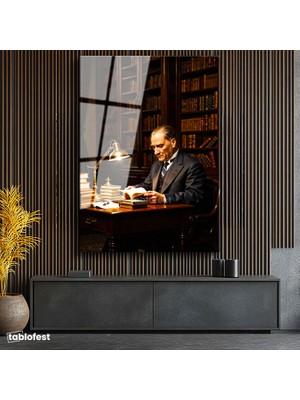Tablofest Tamperli Cam Tablo Atatürk Kütüphane Kitap Okuma Atatürk Tablosu Duvar Dekoru