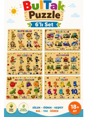 Ahşap Türkçe 6’lı Mega Set Eğitici-Öğretici Bul Tak Yapboz | Bultak Puzzle | Montessori Dikkat ve Eşleştirme Oyunu Kalides Marka