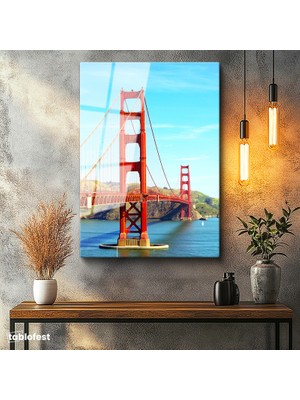 Tablofest Tamperli Cam Tablo San Francisco Kırmızı Köprü Kulesi Şehir Mimari Tablo Duvar Dekoru