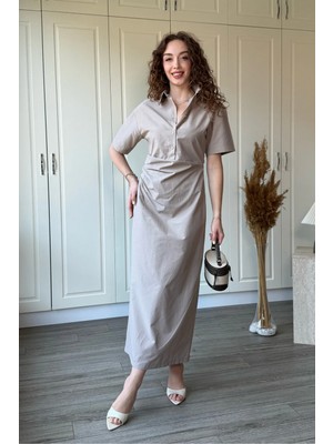 Dilay Gökoğlu Butik Gömlek Yaka Drapeli Midi Poplin Bej Elbise