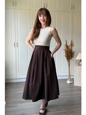 Dilay Gökoğlu Butik Kemerli Poplin Bej Etek Elbise