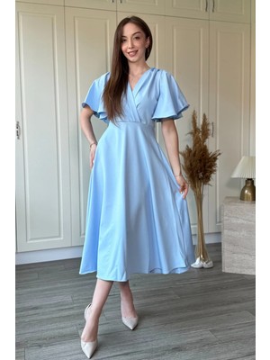 Dilay Gökoğlu Butik Kolları Volanlı V Yaka Fırfırlı Midi Elbise