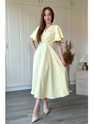 Dilay Gökoğlu Butik Kolları Volanlı V Yaka Fırfırlı Midi Elbise