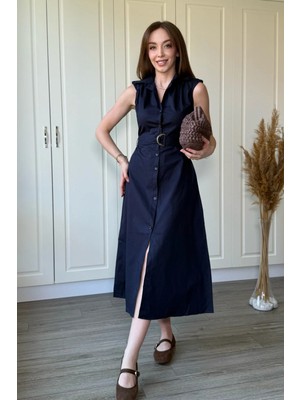 Dilay Gökoğlu Butik Polo Yaka Kemerli Vatkalı Midi Gömlek Elbise