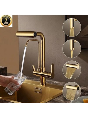 OEM Mutfak Eviye Bataryası Dual Flow Arıtma Çıkışlı Duş Ve Şelale 4 Fonksiyon Gold Ithal 7 Yıl Garanti