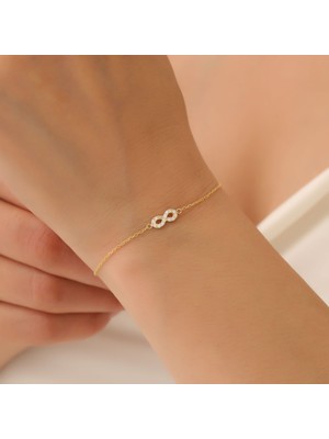 Nox Jewelry 14 Ayar Altın Kaplama Minimal Zirkon Taşlı Sonsuzluk Gümüş Bileklik - CBS00116