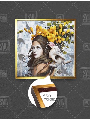 SML Tablo Saçlarında Sarı Çiçekli Tavşanıyla Alice Kare Çerçeveli Kanvas Tablo