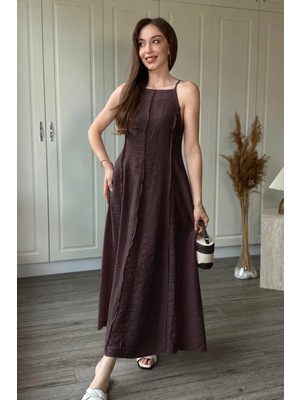 Dilay Gökoğlu Butik Askılı Keten Şeritli Midi Kahverengi Elbise