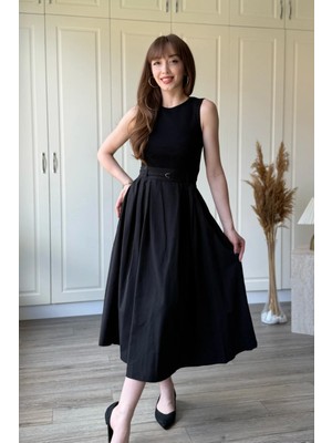 Dilay Gökoğlu Butik Kemerli Poplin Siyah Etek Elbise