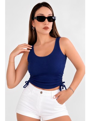 Moviment Lacivert Büzgü Drape Detaylı Crop Atlet | Havuz Yaka Fitted Kalıp | Asimetrik Kesim Fitilli Kaşkorse Esnek Örme Kumaş | %96 Pamuk %4 Elastan