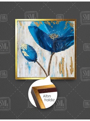 SML Tablo Mavi Altın Yapraklı Çiçek Gold Abstract Kare Çerçeveli Kanvas Tablo