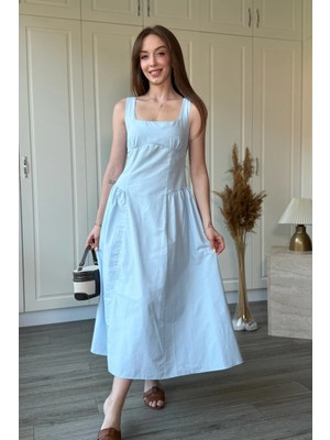 Dilay Gökoğlu Butik Kalın Askılı Bel Oturtmalı Midi Poplin Elbise