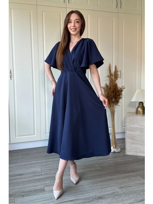 Dilay Gökoğlu Butik Kolları Volanlı V Yaka Fırfırlı Midi Elbise