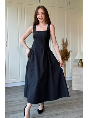 Dilay Gökoğlu Butik Kalın Askılı Bel Oturtmalı Midi Poplin Elbise