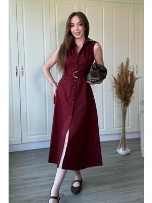 Dilay Gökoğlu Butik Polo Yaka Kemerli Vatkalı Midi Gömlek Elbise