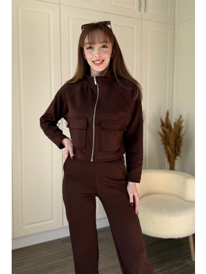 Dilay Gökoğlu Butik Cepli Fermuarlı Crop Premium Modal Kumaş Takım