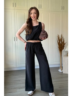 Dilay Gökoğlu Butik Tensel Kumaş Crop Bluz Pantolon Siyah Takım