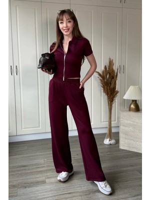 Dilay Gökoğlu Butik Fermuarlı Gömlek Yaka Modal Kumaş Hırka Bordo Takım