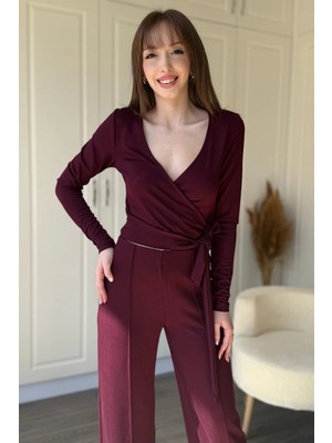 Dilay Gökoğlu Butik Modal Kumaş Bel Bağlamalı Alt Üst Bordo Takım