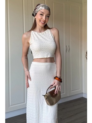 Dilay Gökoğlu Butik Ip Bağlamalı Gofre Bej Etek Takım