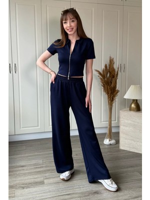 Dilay Gökoğlu Butik Fermuarlı Gömlek Yaka Modal Kumaş Hırka Lacivert Takım