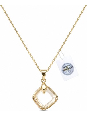 Brezza Lusso Jewelry 925 Ayar Swarovski Taşlı Kare 14MM Crystal Golden Shadow Kadın Gümüş Kolye