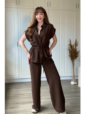 Dilay Gökoğlu Butik Keten Bel Bağlamalı Gömlek Pantolon Kahverengi Takım
