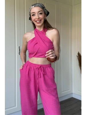 Dilay Gökoğlu Butik Pembe Keten Boyundan Bağlamalı Takım