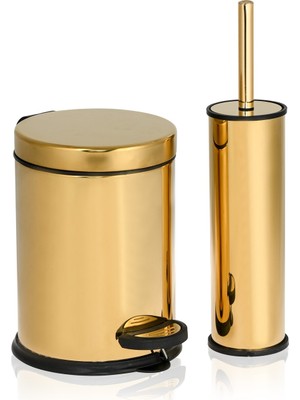 Empressco Elit 3 Litre Gold Banyo Seti Paslanmaz Pedallı Çöp Kovası ve Klozet Fırçası Altın Lüks Banyo Takımı