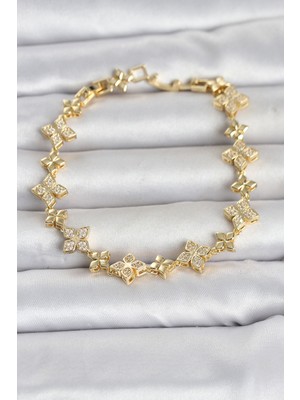 Pirinç Zirkon Taşlı Yonca Model Gold Renk Kadın Bileklik