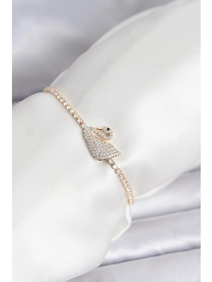 Mey Ithalat® Kuğu Model Zirkon Taşlı Gold Renk Asansörlü Su Yolu Bileklik