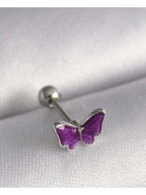 Mey Ithalat® 316L Çelik Gümüş Renk Mor Kelebek Model Tragus Piercing
