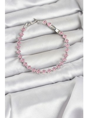 Mey Ithalat® Pembe Kare Zirkon Taşlı Gümüş Renk Pirinç Su Yolu Kadın Bileklik