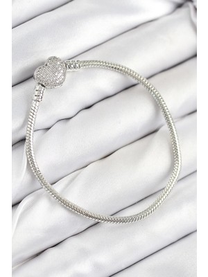 Mey Ithalat® Pirinç Charm Zirkon Taşlı Kalp Model Gümüş Renk Kadın Bileklik