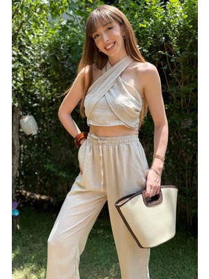 Dilay Gökoğlu Butik Bej Keten Boyundan Bağlamalı Takım
