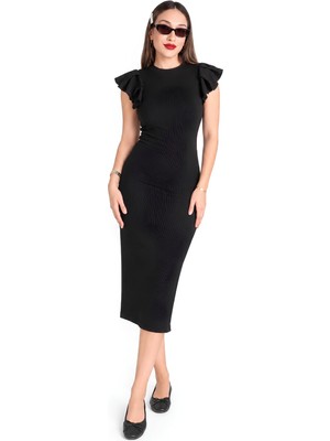 Moviment Siyah Fitilli Bodycon Midi Kalem Elbise | Volanlı Fırfırlı Kısa Kol | Bisiklet Yaka Vücuda Oturan Kalıp | %98 Pamuk %2 Elastan Esnek Kaşkorse Örme Kum