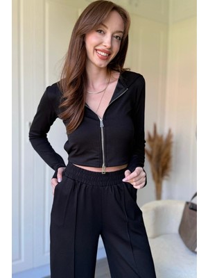 Dilay Gökoğlu Butik Kapüşonlu Fermuarlı Siyah Crop Hırka Modal Kumaş Takım
