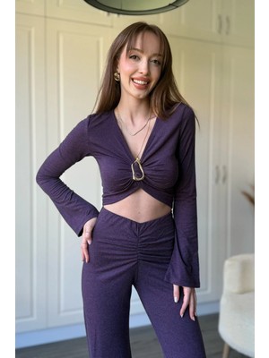 Dilay Gökoğlu Butik Aksesuarlı Crop Uzun Kollu Mor Takım