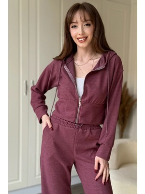 Dilay Gökoğlu Butik Kapüşonlu Fermuarlı Crop Selanik Kumaş Hırka Takım