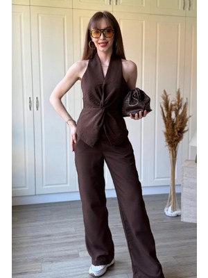 Dilay Gökoğlu Butik Keten Önü Düğüm Detaylı Kahverengi Pantolon Bluz Takım