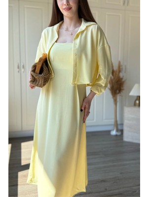 Dilay Gökoğlu Butik Göğsü Drape Detaylı Sarı Gömlek Elbise Takım