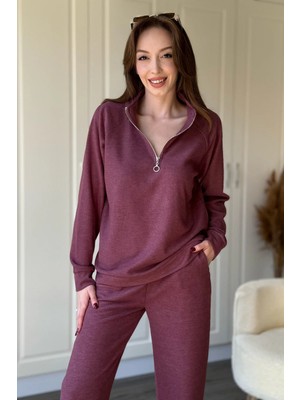 Dilay Gökoğlu Butik Fermuarlı Dik Yaka Selanik Kumaş Mürdüm Sweatshirt Takım
