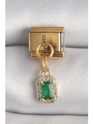 Mey Ithalat® 316L Çelik Gold Renk Sallantı Kare Yeşil Zirkon Taşlı Nomination Charm