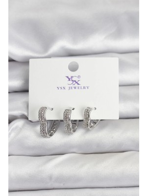 Mey Ithalat® Gümüş Renk Pirinç Zirkon Taşlı Kalpli Kadın Küpe