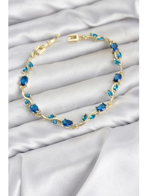 Mey Ithalat® Pirinç Gold Renk Mavi Zirkon Taşlı Çiçek Model Kadın Bileklik