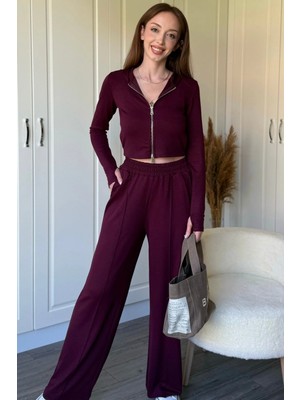 Dilay Gökoğlu Butik Kapüşonlu Fermuarlı Bordo Crop Hırka Modal Kumaş Takım